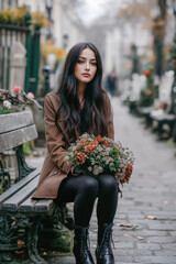Fototapeta premium Stylish Brunette Woman Holding a Floral Bouquet on a Charming City Street