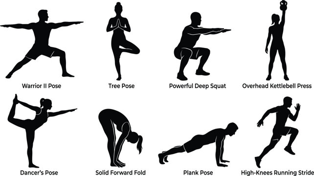 Fitness and yoga vector icons set featuring black silhouettes of people doing exercises, warrior pose, squat, plank, and running stride isolated on white background