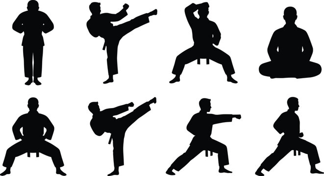 Martial arts fighter silhouettes set featuring diverse karate and taekwondo poses including high kicks, punches, and meditation stances