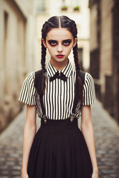Gothic Style Young Girl with Braided Hair Wearing a Vintage Black and White Outfit