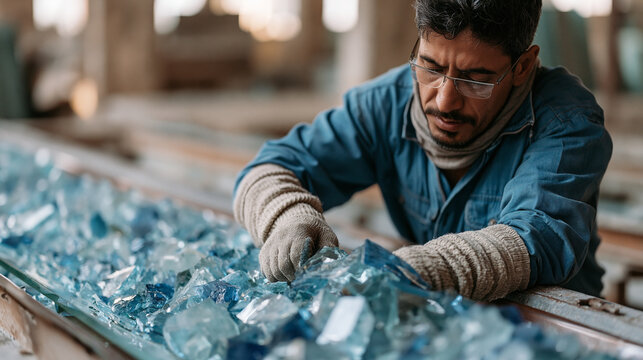 Iranian zero-waste glass manufacturer sorting production offcuts onto cullet conveyor for re-melt, closed-loop manufacturing process, industrial sustainability role, secondary