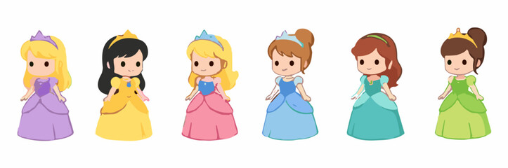 Six cartoon princesses in colorful dresses and tiaras on white transparent background © MadhobiRani