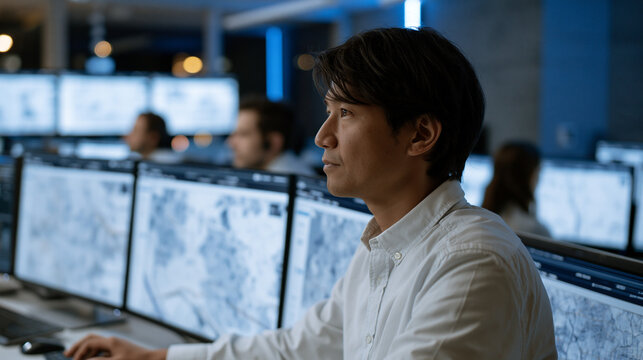 Symmetrical centered wide view of smart pedestrian sensor network control room, Filipino data analysts monitoring live city foot traffic heatmaps across multiple screens,