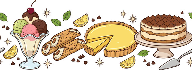 Delicious Italian Desserts Seamless Border Vector with Ice Cream Sundae Cannoli Lemon Tart Tiramisu Cake and Mint Leaf Ornaments © Fahim