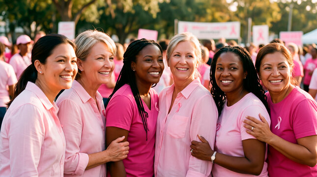Diverse group of women in pink shirts smiling at a breast cancer awareness event