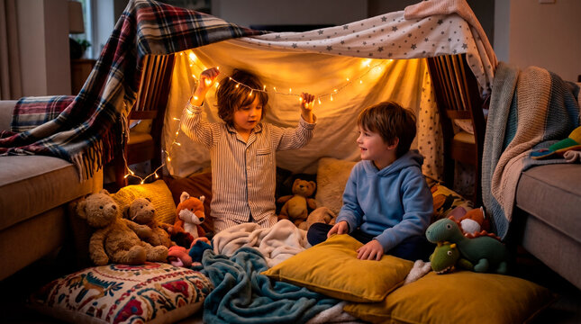 Two young boys enjoying a cozy blanket fort illuminated by fairy lights
