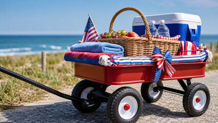 Red Beach Wagon with Cooler, Picnic Basket and American Flags by the Ocean