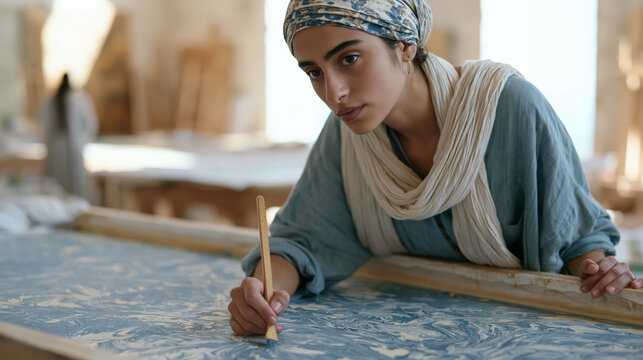 Lebanese art student leans over a wide shallow trough in a sunlit studio, swirling pigment across a water surface with a fine comb, creating intricate ebru marbling patterns that