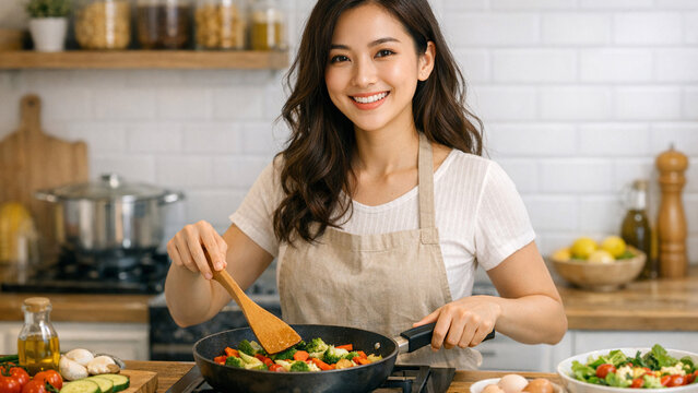 A young woman in a kitchen stirring vegetables into a pan for cooking, with fresh ingredients and a cheerful expression.