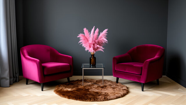 Modern living room interior with two magenta velvet armchairs and pink pampas grass.