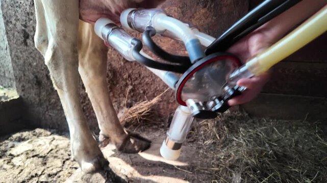 Close-up slow-motion footage of removing a milking cluster from a cow udder after machine milking. A dairy worker gently pulls the milking unit downward to release the teat cups, revealing the natural
