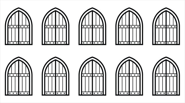 A professional vector asset sheet containing exactly 10 individual a gothic chapel doors icons on a white background