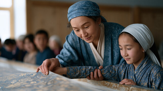 Kazakh paper marbling teacher supports the wrist of a young student lifting her first ebru sheet from a classroom trough, both leaning forward as the pattern reveals itself, the