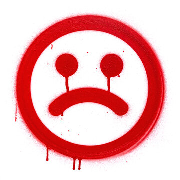 Vivid red spray paint graffiti depicting a starkly sad frowning face with dripping tear symbols&nbsp;