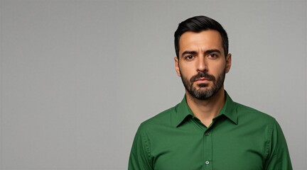 Fototapeta premium Man with short dark hair and beard wears green collared shirt. He looks directly at camera with serious expression. Studio portrait with copy space on left.