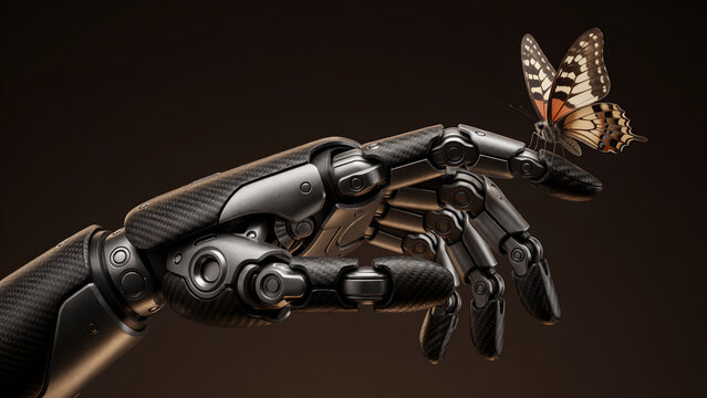 A detailed robotic hand gently holding a delicate butterfly against a dark background.