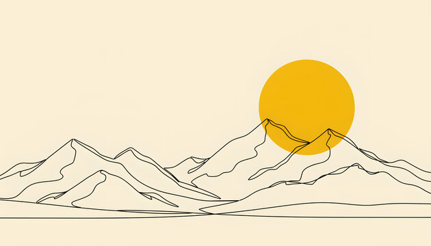 Minimalist continuous line drawing of mountain landscape with a golden sun.