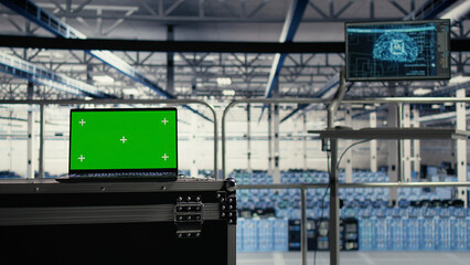Fototapeta premium Artificial intelligence technology on chroma key notebook in high tech data infrastructure center.