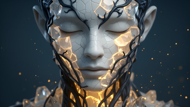 Surreal portrait of a human face covered in glowing crystals and dark vine textures.