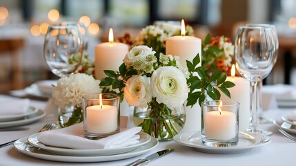 Fototapeta premium Elegant table set with white flowers and candles.