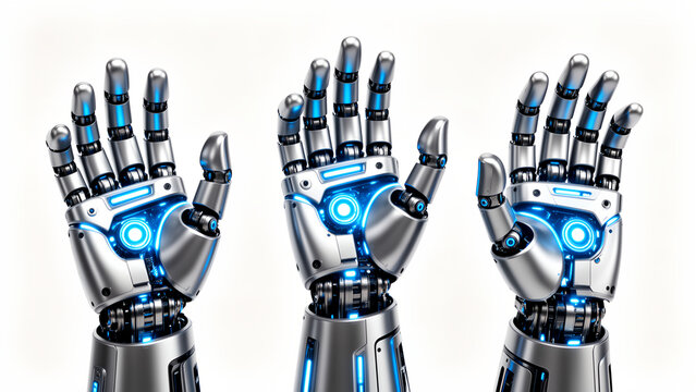 Three metallic robotic hands with glowing blue lights isolated on a white background.