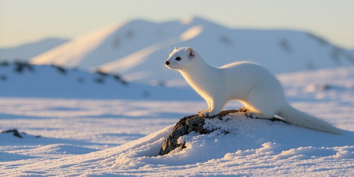 White ermine stands on snowy rock in arctic landscape. Small predator with white fur hunts in cold winter terrain. Wildlife animal in natural habitat, snow covered mountains background.