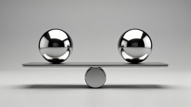 Two polished chrome spheres balanced perfectly on a flat platform against a neutral background.
