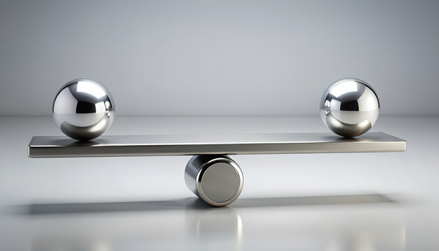 Two polished chrome spheres balanced on a metal plank representing stability and equality.