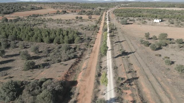 A drone view of a long dirt road cutting through dry farmland and scattered trees along the Camino de Santiago in Spain, under clear skies