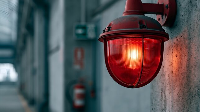 Red warning light mounted on industrial wall.