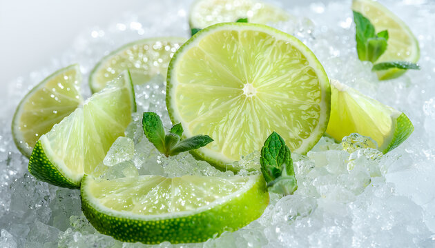 Fresh lime slices and green mint leaves on a bed of crushed ice.