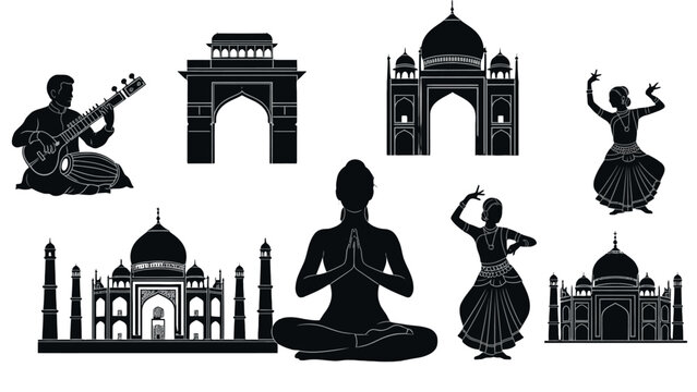 Indian Cultural and Landmark Silhouettes Set with Taj Mahal, India Gate, Classical Dancers, and Meditating Person on Isolated White Background.