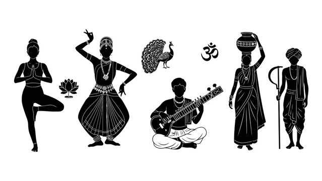 Indian People Silhouettes Practicing Yoga, Classical Dance, Playing Music, and Carrying Water Pots on Isolated White Background.