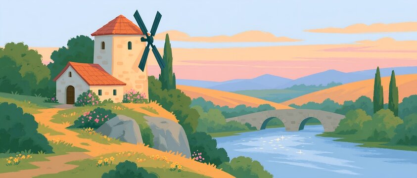 Coastal village with windmill and stone bridge.