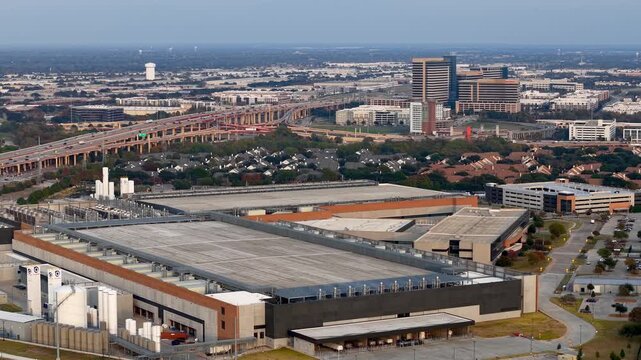 Aerial view of a large data center and electrical substation