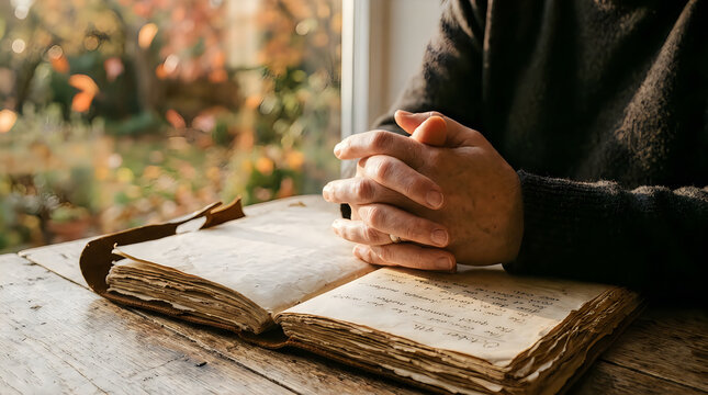 Person praying with hands clasped over an open antique vintage book, devotion