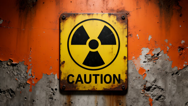 Old weathered metal radiation warning sign mounted on a textured orange industrial wall.