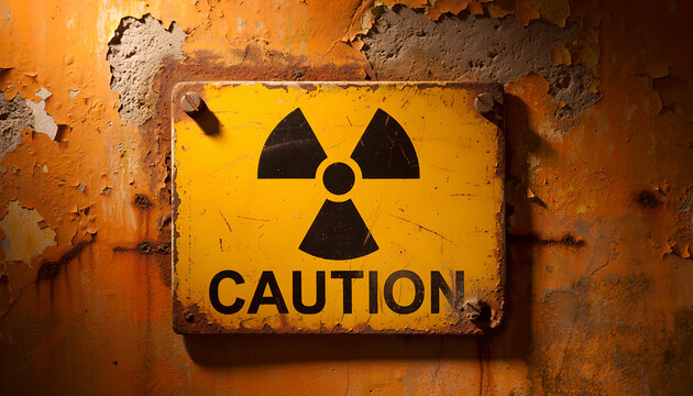 Old weathered yellow radiation warning sign mounted on a rusted metal industrial wall.