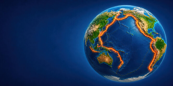 Three-dimensional view of the Pacific Ring of Fire showing major tectonic plate boundaries, active volcanic and seismic zones, concept of geology, earthquakes and global volcanic activity.