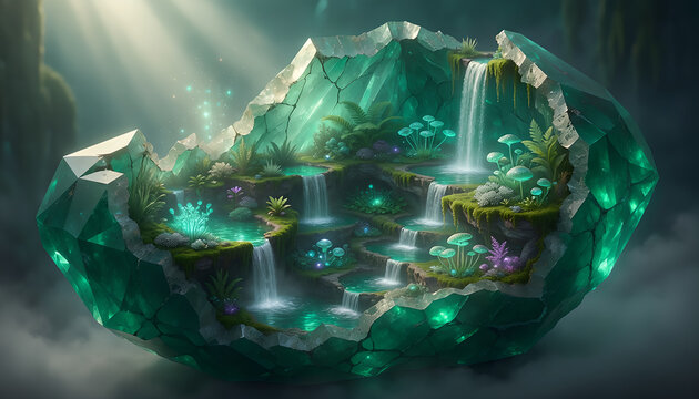 A magical miniature ecosystem inside a glowing green crystal geode with cascading waterfalls and exotic plants.