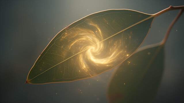 A surreal glowing golden galaxy swirling inside a green leaf on a branch.