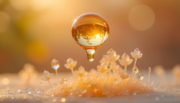 A single golden water droplet suspended above tiny glowing flowers in soft morning light.
