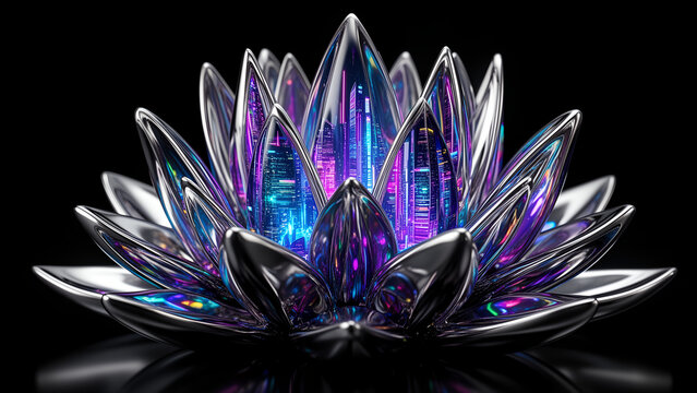 Abstract 3D render of a futuristic lotus flower made of chrome and iridescent crystal glass.