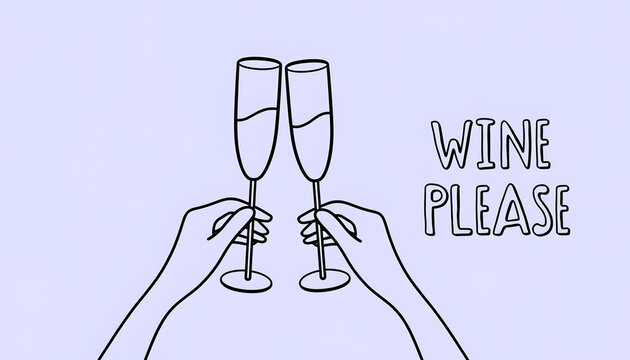Hand drawn illustration of two hands holding champagne glasses with text wine please.
