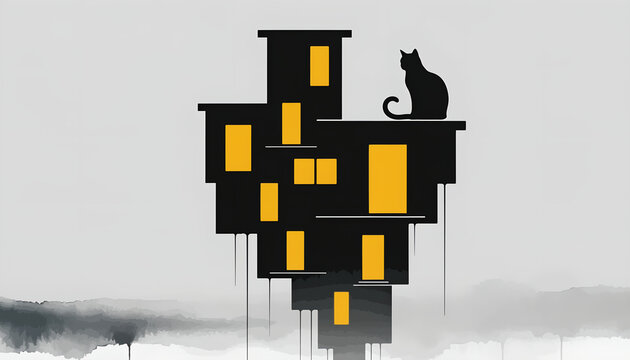 A stylized illustration of a black cat sitting on a dark apartment building with glowing windows.