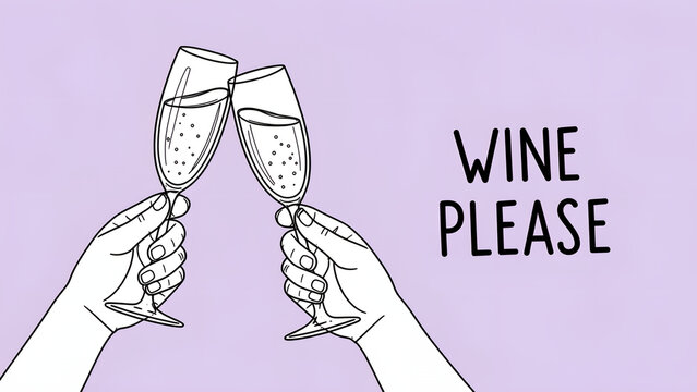 Hand drawn illustration of two hands holding champagne glasses with the text Wine Please.