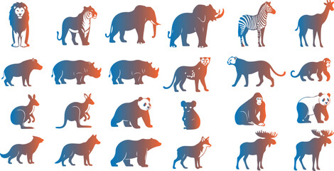 Obraz premium Collection of wild animals silhouettes in orange and blue gradient for safari theme.