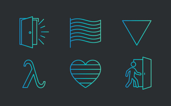 LGBTQ pride and transition icons showing open door flag triangle lambda heart and person exiting door.