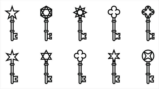 A professional vector asset sheet containing exactly 10 individual a gothic skeleton keys icons on a white background