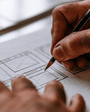 Hand sketching storyboard panel layout close up drawing on textured blank paper with pencil, modern daylight and soft blur background